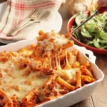Close-up of hot, bubbling, golden-brown Cheesy Baked Ziti fresh out of the oven in a white casserole dish.