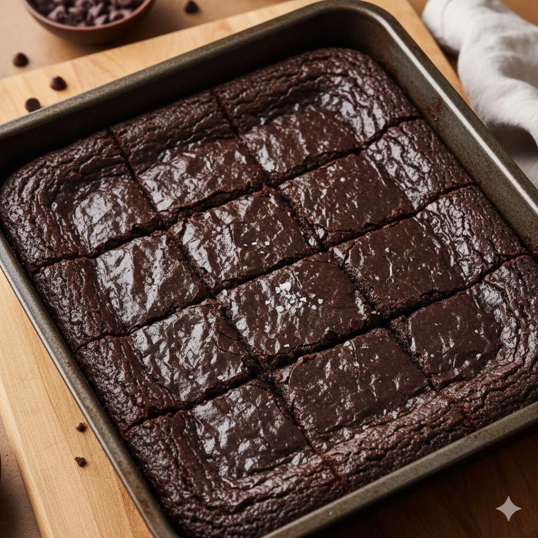 A close-up of a square-cut, dense, and rich Fudgy Chewy Brownies with a crackled top.
