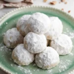 A close-up shot of perfectly dusted Buttery Snowball Cookies stacked on a serving plate.