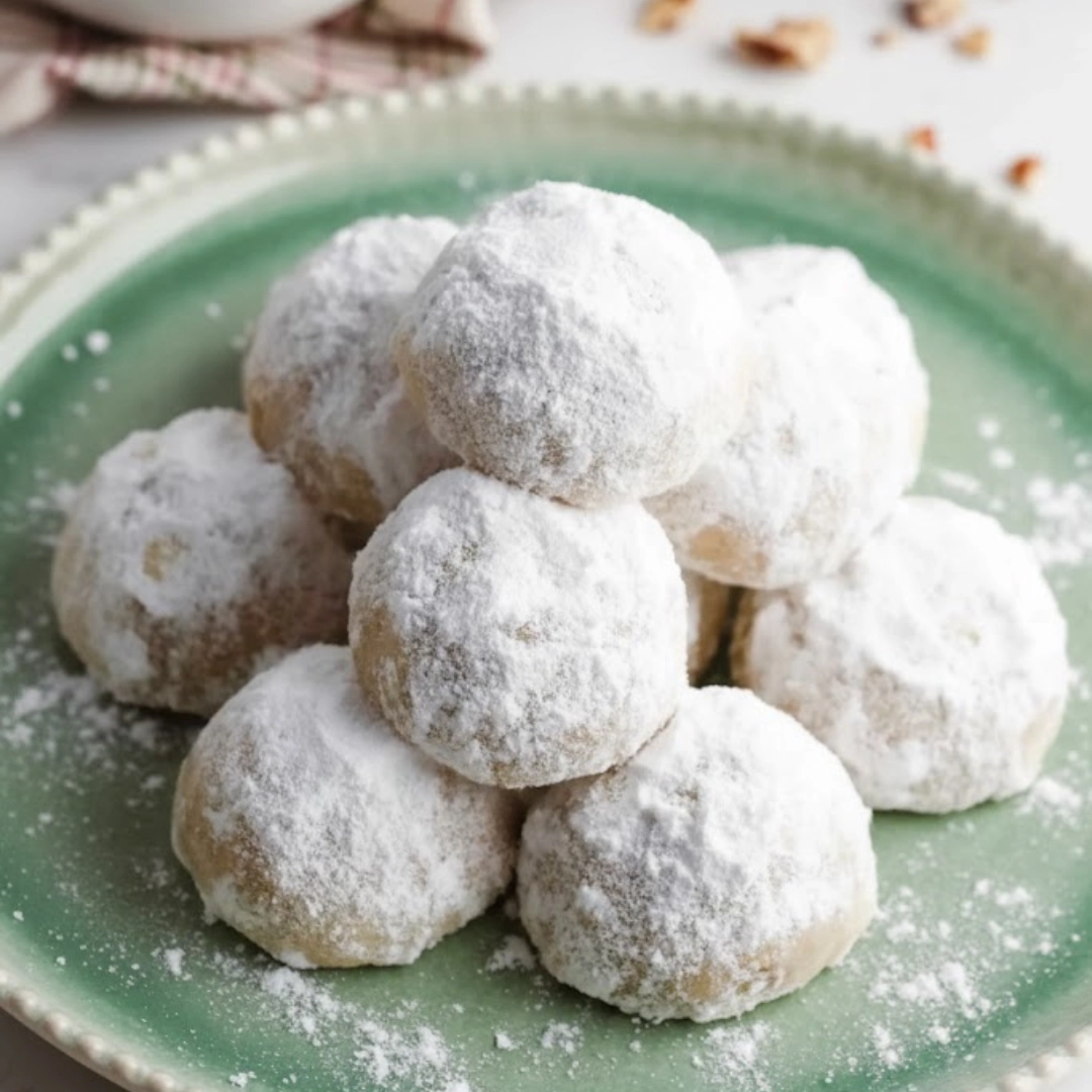 A close-up shot of perfectly dusted Buttery Snowball Cookies stacked on a serving plate.