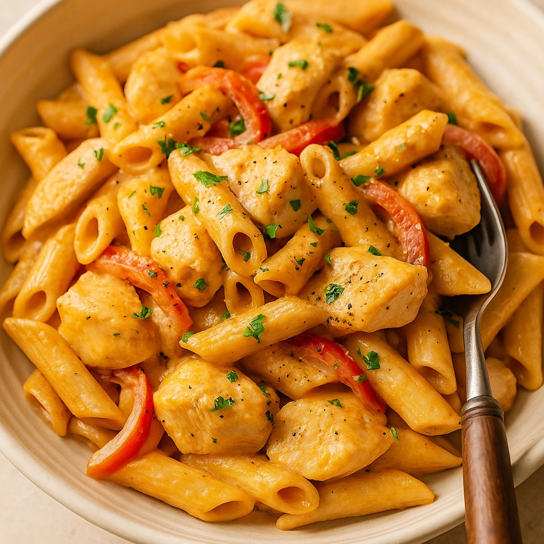 Cashew Creamy Cajun Chicken Pasta in a bowl topped with parsley