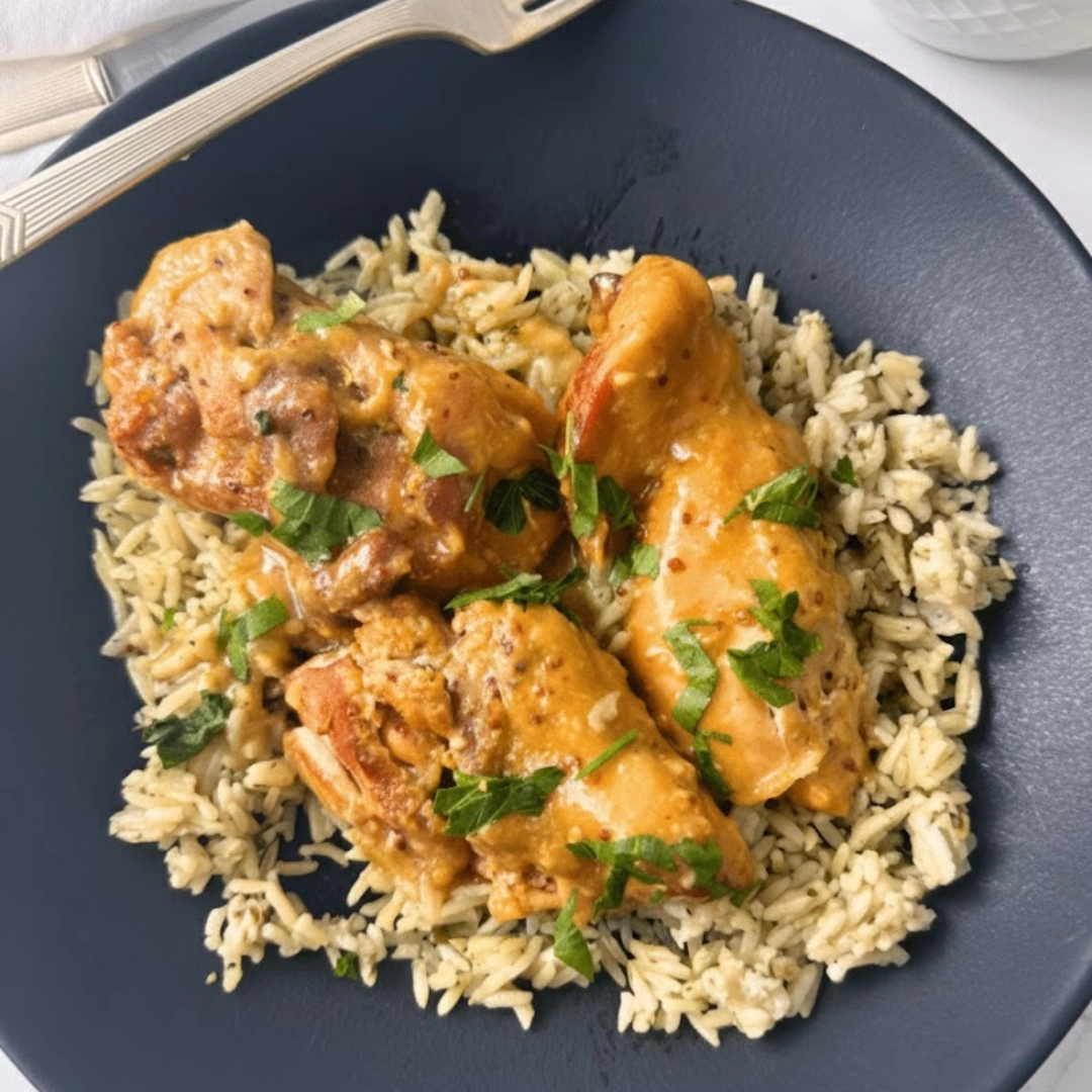 Slow Cooker Honey Mustard Chicken served over rice