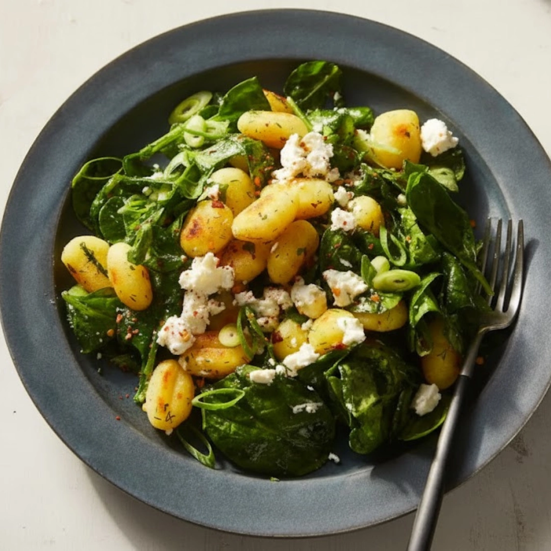 Crispy Gnocchi with Spinach and Feta Recipe served in skillet