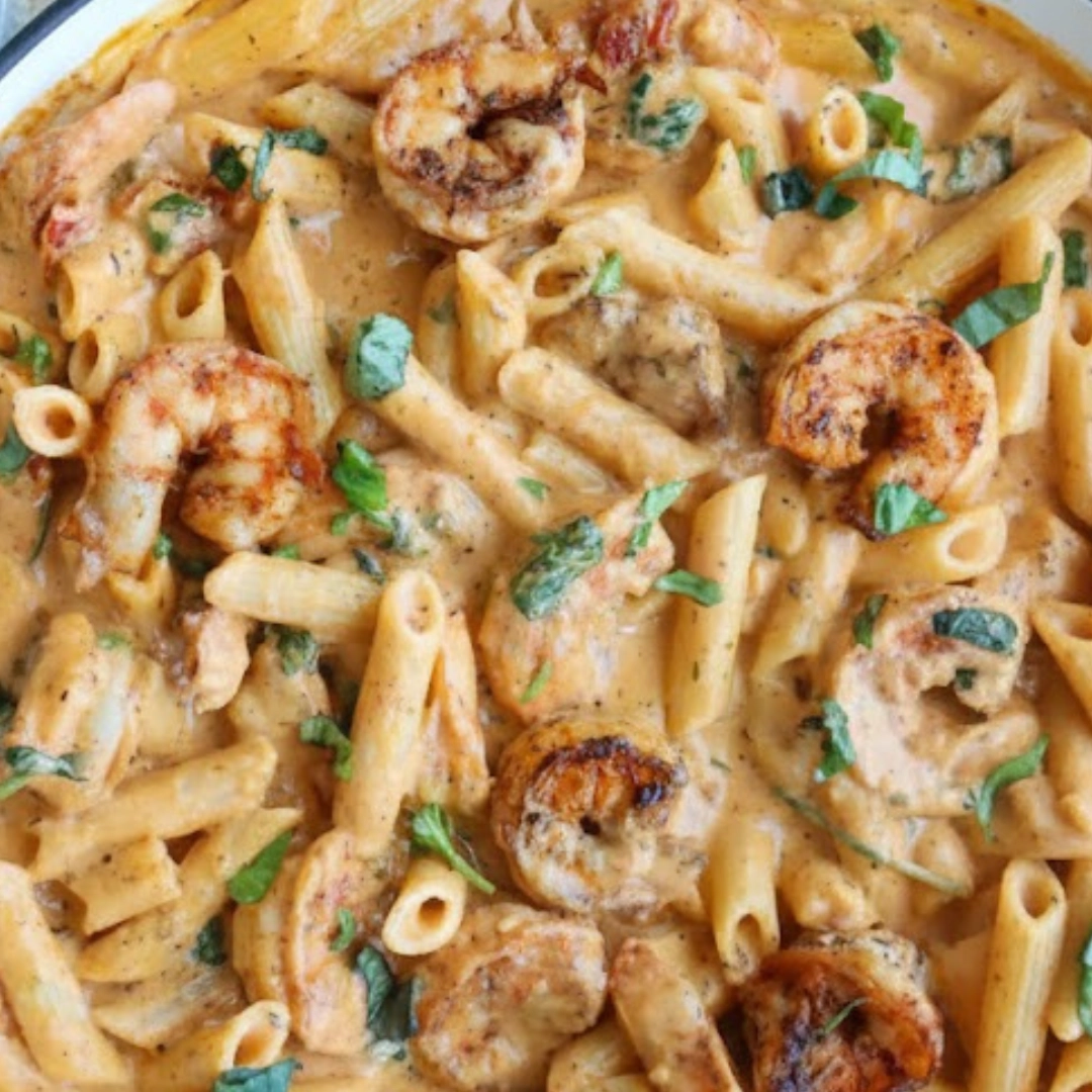 Creamy marry me shrimp pasta in a skillet with basil garnish, ready to serve for a romantic dinner. Creamy marry me shrimp pasta in a skillet with basil garnish, ready to serve for a romantic dinner.