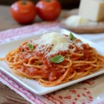 A close-up shot of glossy, red pasta roma topped with grated Pecorino Romano cheese and fresh basil.