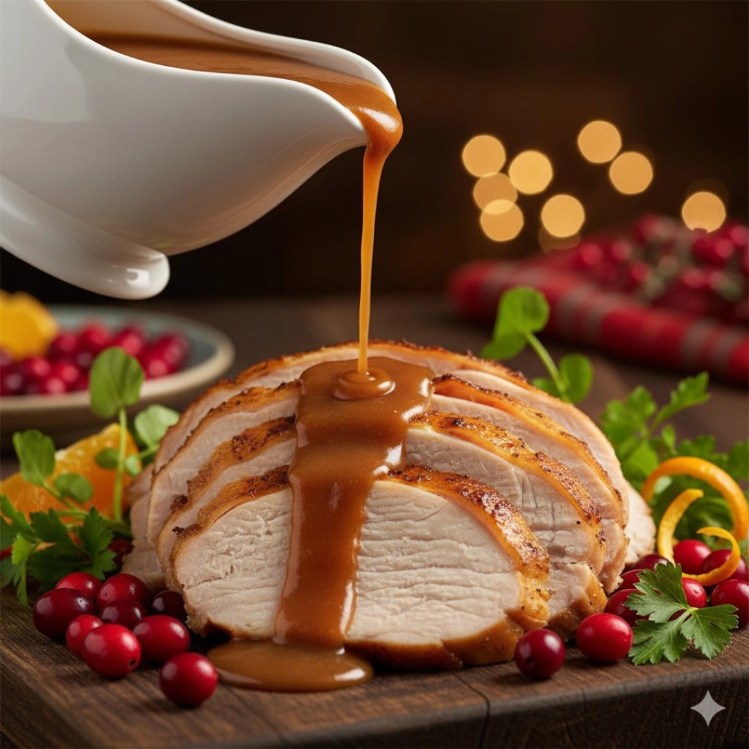A ladle pouring rich, thick, homemade Turkey with Gravy Sauce over a pile of mashed potatoes.