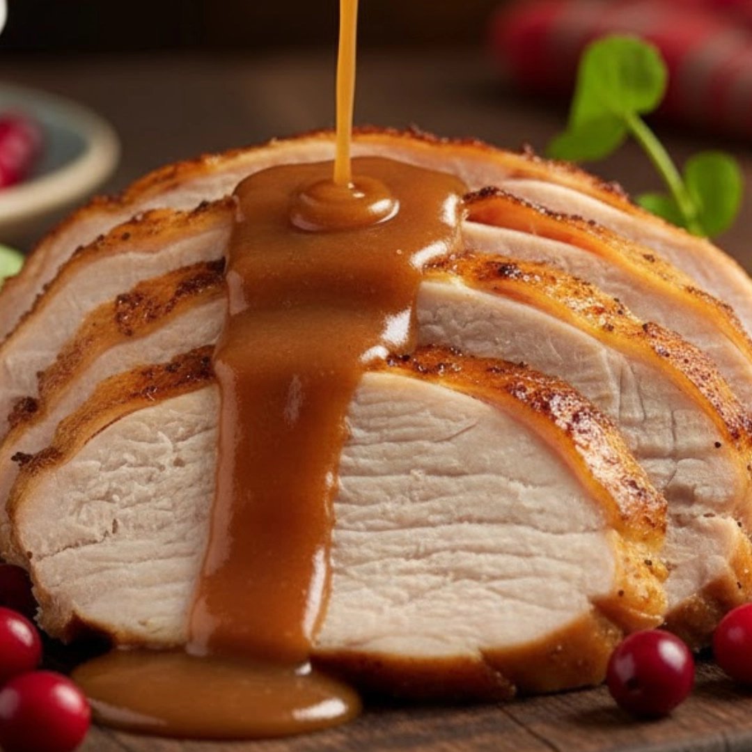A ladle pouring rich, thick, homemade Turkey with Gravy Sauce over a pile of mashed potatoes.