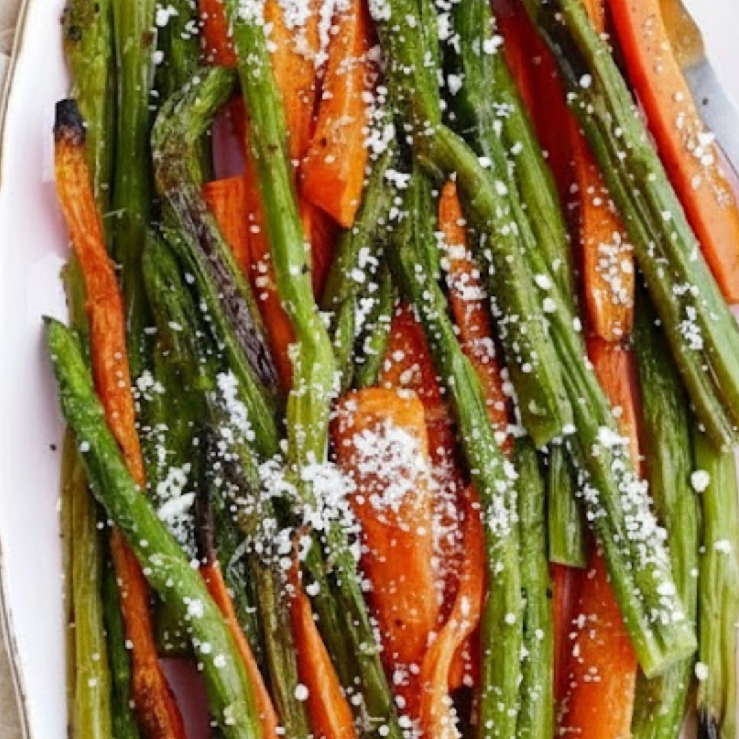 A close-up of a platter of perfectly seasoned and caramelized Roasted Asparagus and Carrots
