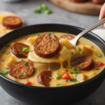 A hearty bowl of creamy, delicious Slow Cooker Cajun Potato Soup garnished with green onions and shredded cheese