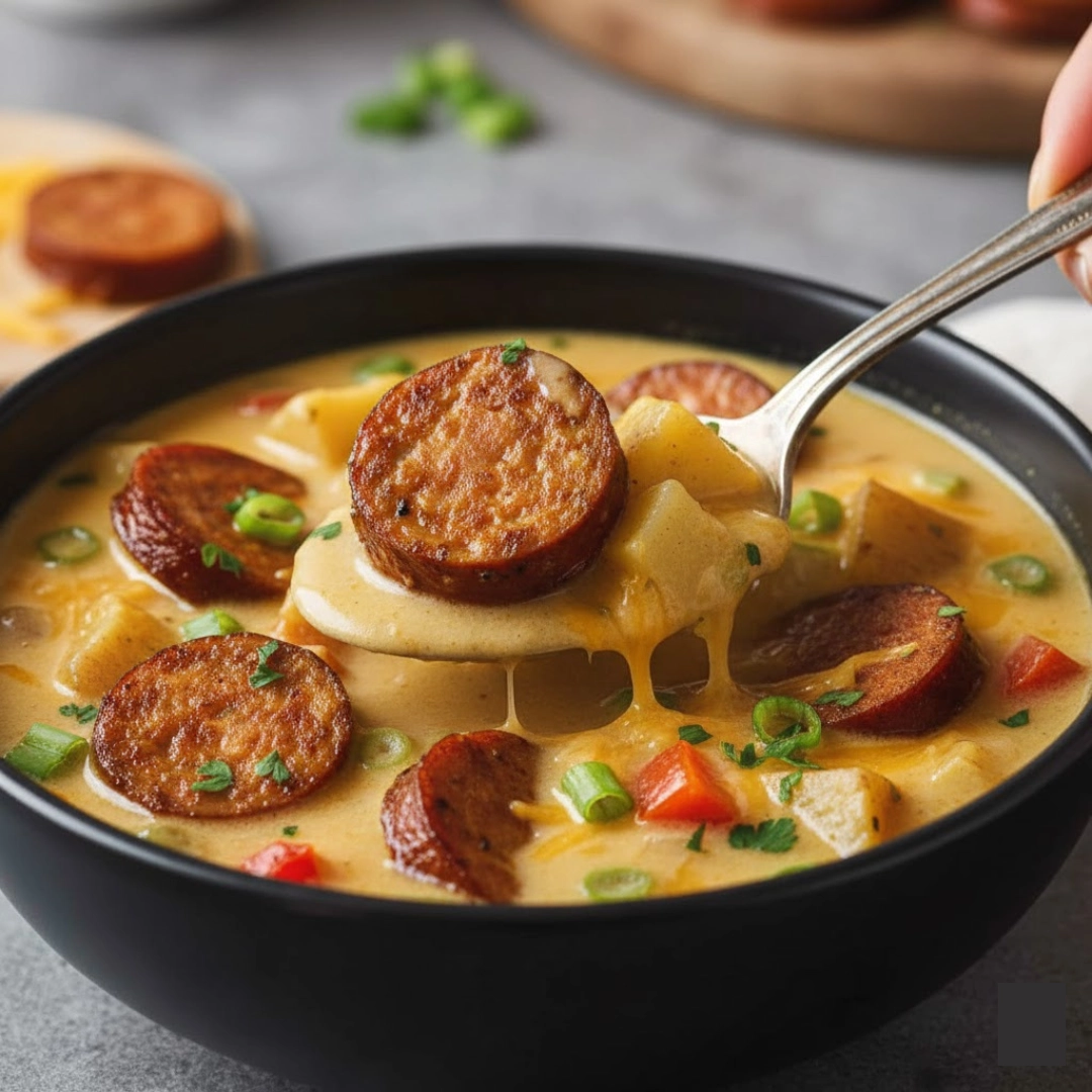 A hearty bowl of creamy, delicious Slow Cooker Cajun Potato Soup garnished with green onions and shredded cheese