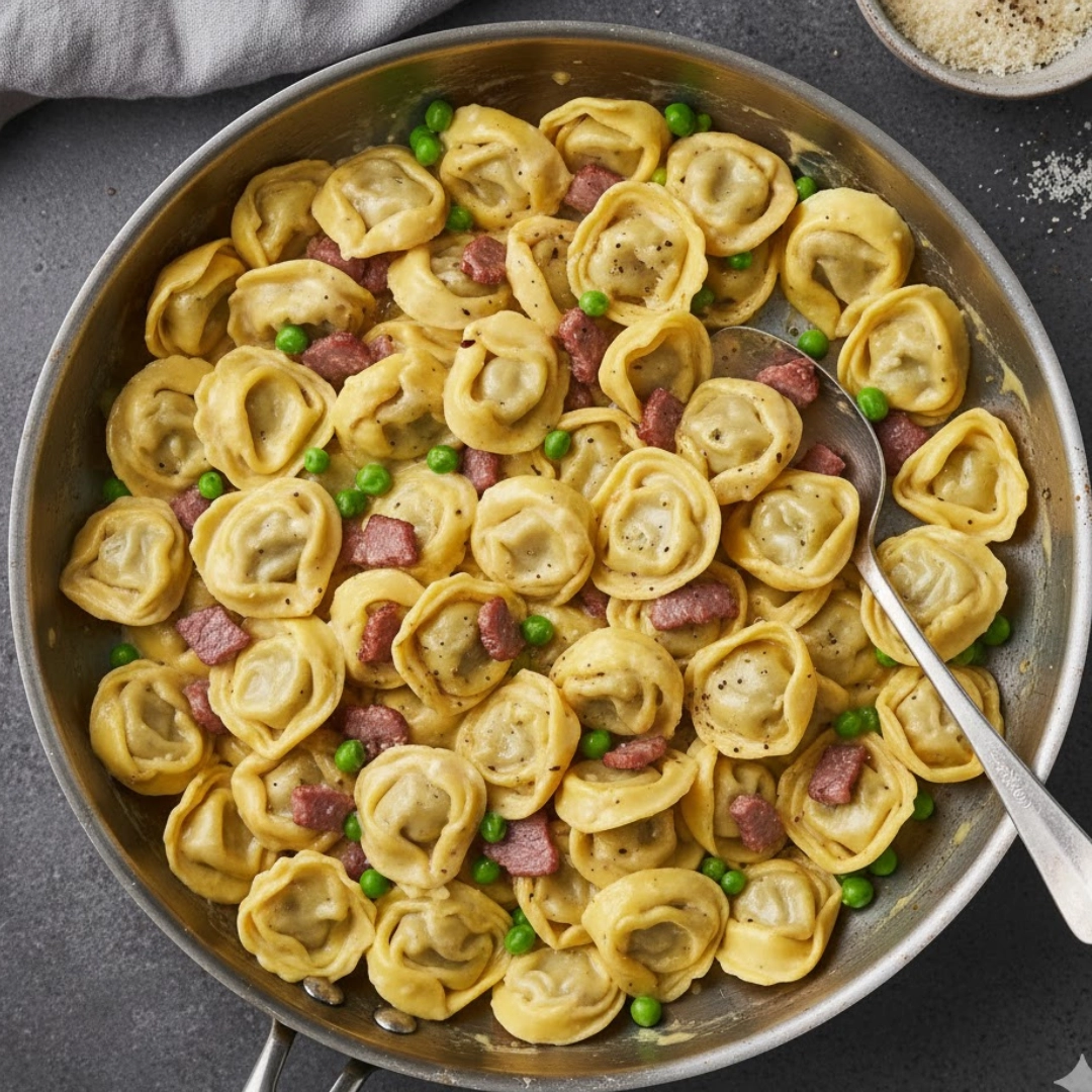 A close-up shot of creamy Tortellini Carbonara garnished with fresh parsley and black pepper in a bowl.