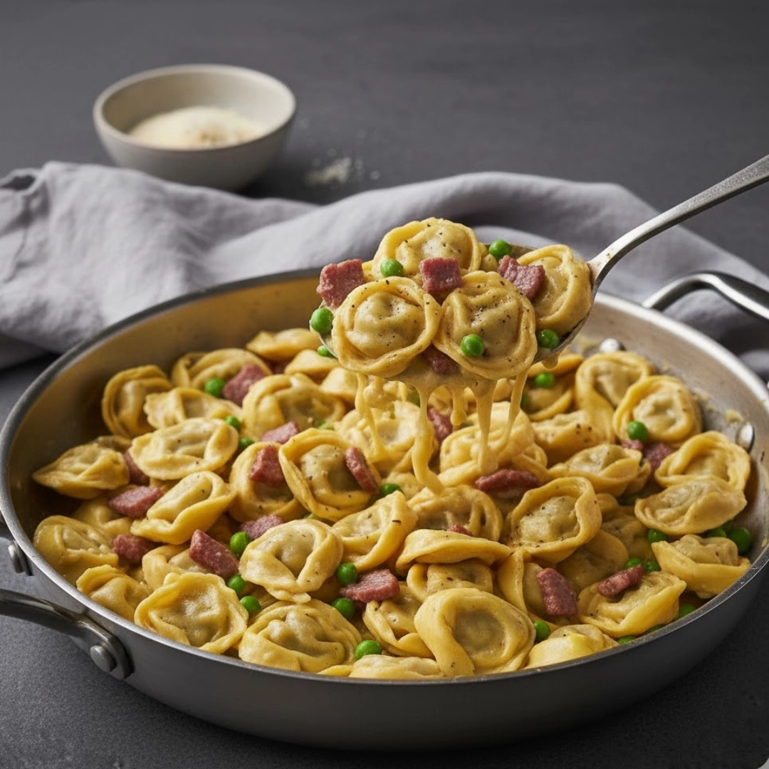 A close-up shot of creamy Tortellini Carbonara garnished with fresh parsley and black pepper in a bowl.