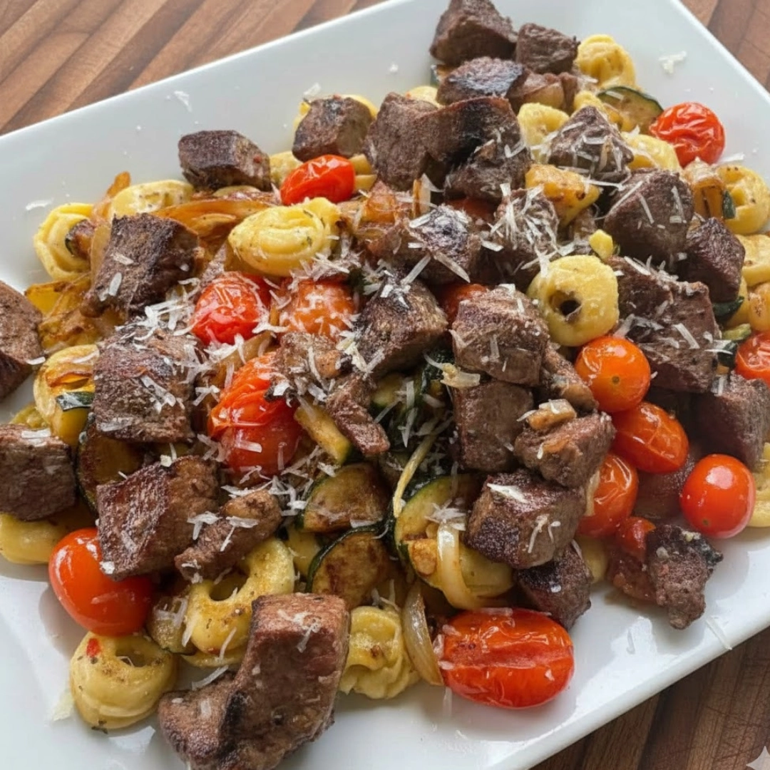 A skillet full of creamy Garlic Parmesan Steak Tortellini ready to be served.