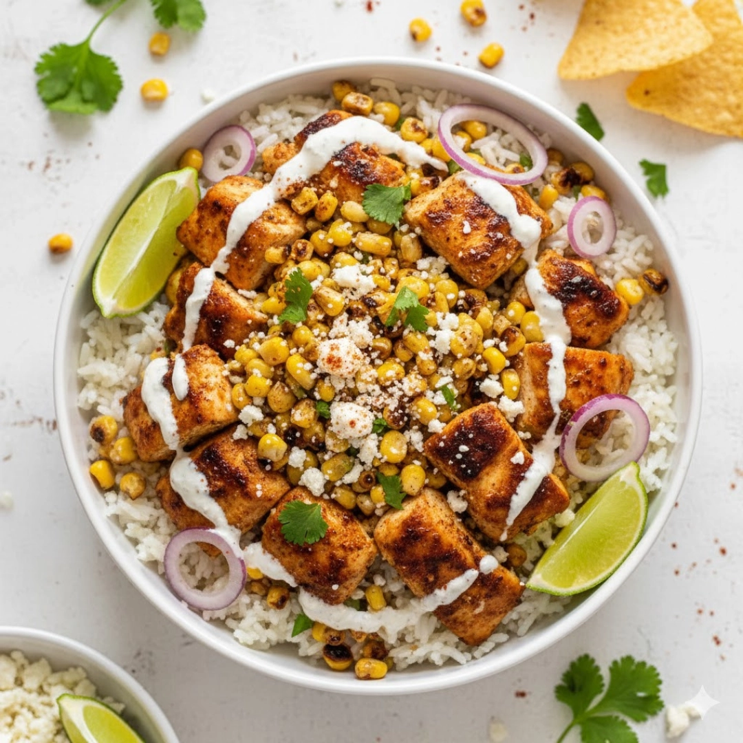 A beautifully arranged Street Corn Chicken and Rice Bowls ready to eat
