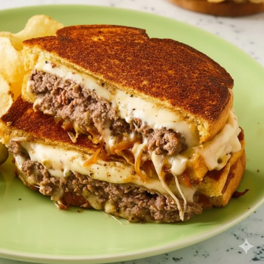 A golden-brown, cross-section shot of a homemade Classic Patty Melt with visible melted Swiss cheese and caramelized onions.
