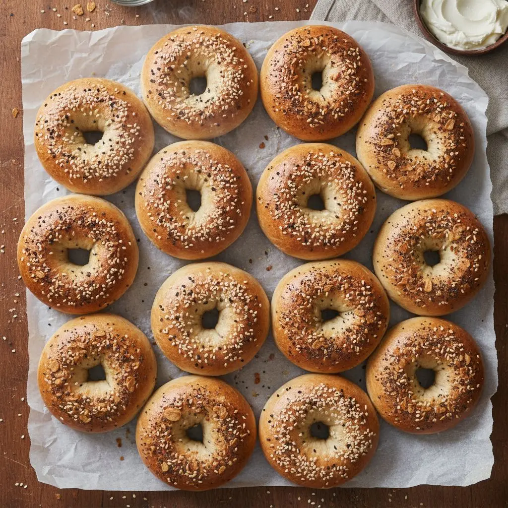 Air Fryer Bagels baked golden brown in the air fryer basket