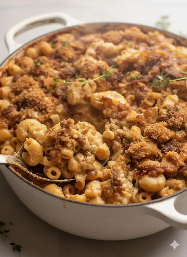 A close-up of baked French Onion Mac and Cheese with a golden panko crust.