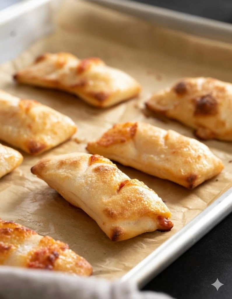 Gluten-Free Pizza Rolls on baking tray, crispy and golden Gluten-Free Pizza Rolls on baking tray, crispy and golden