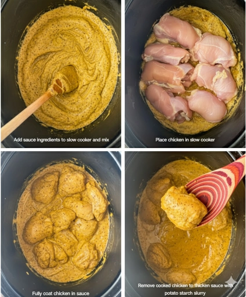 Step-by-step process of making Slow Cooker Honey Mustard Chicken Step-by-step process of making Slow Cooker Honey Mustard Chicken