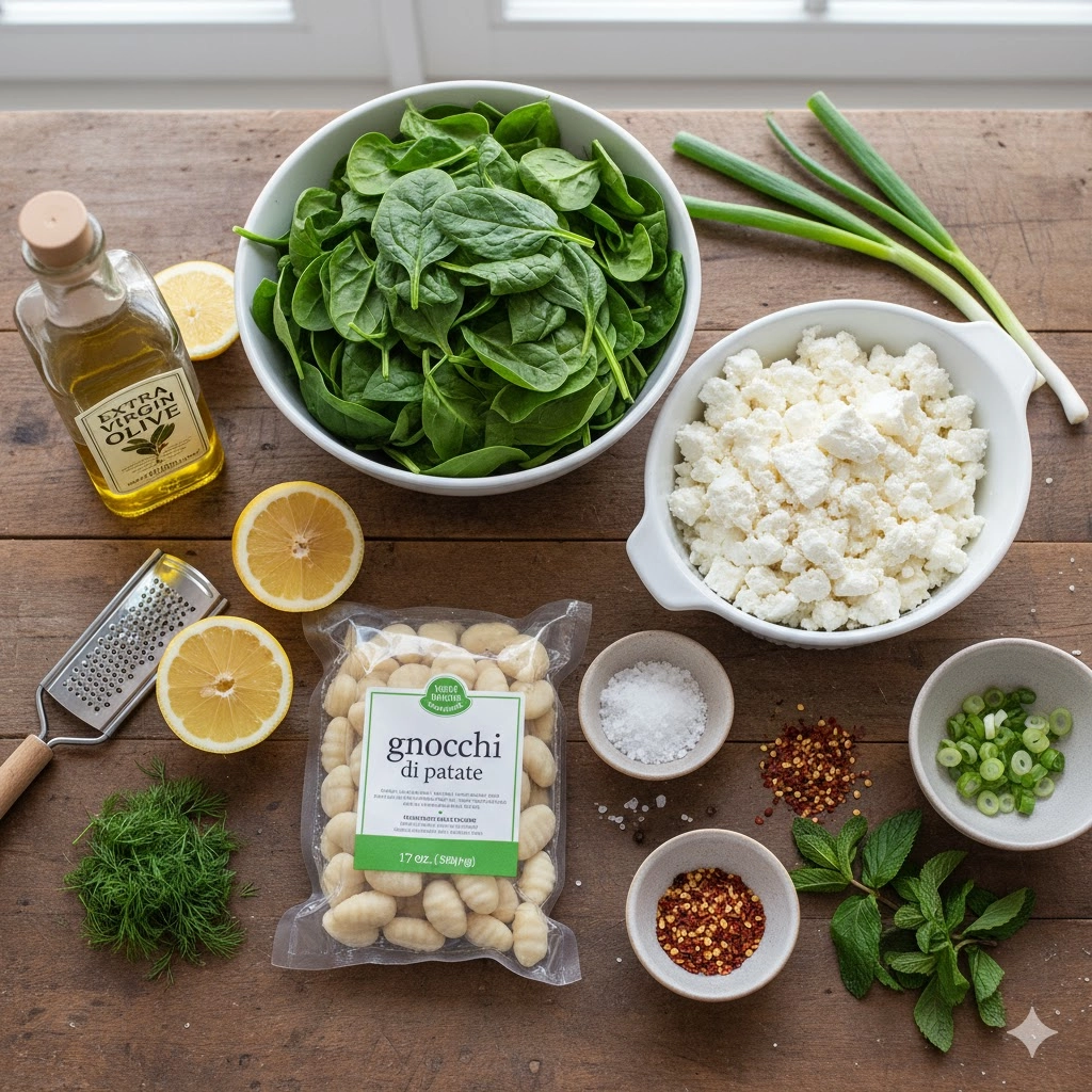 Ingredients for Gnocchi with Spinach and Feta Recipe on kitchen counter Ingredients for Gnocchi with Spinach and Feta Recipe on kitchen counter