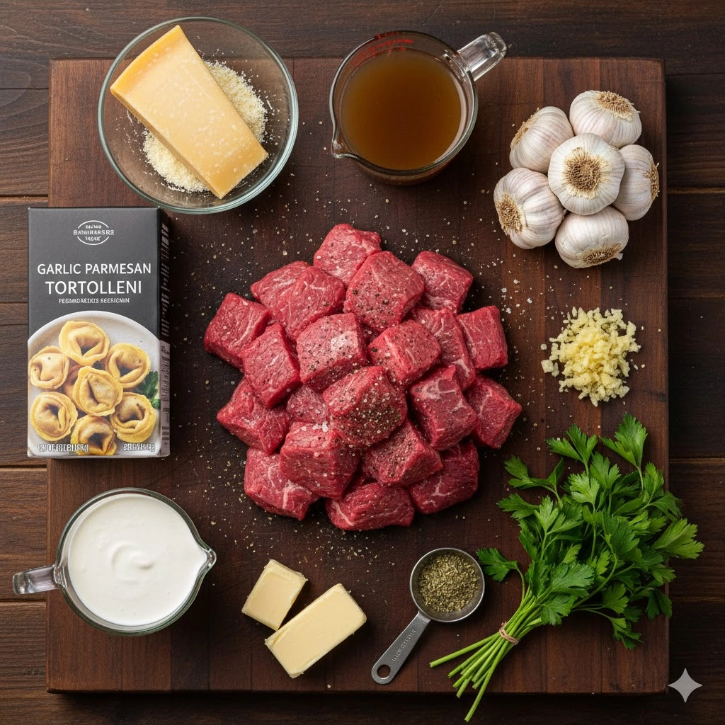 Essential ingredients, including sirloin steak, tortellini, garlic, and Parmesan, for Garlic Parmesan Steak Tortellini.