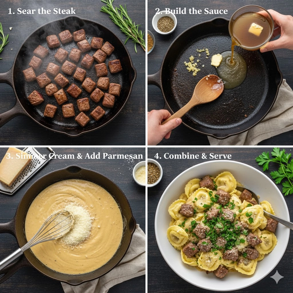 Close-up of cubed steak searing in a skillet, the first step for Garlic Parmesan Steak Tortellini.