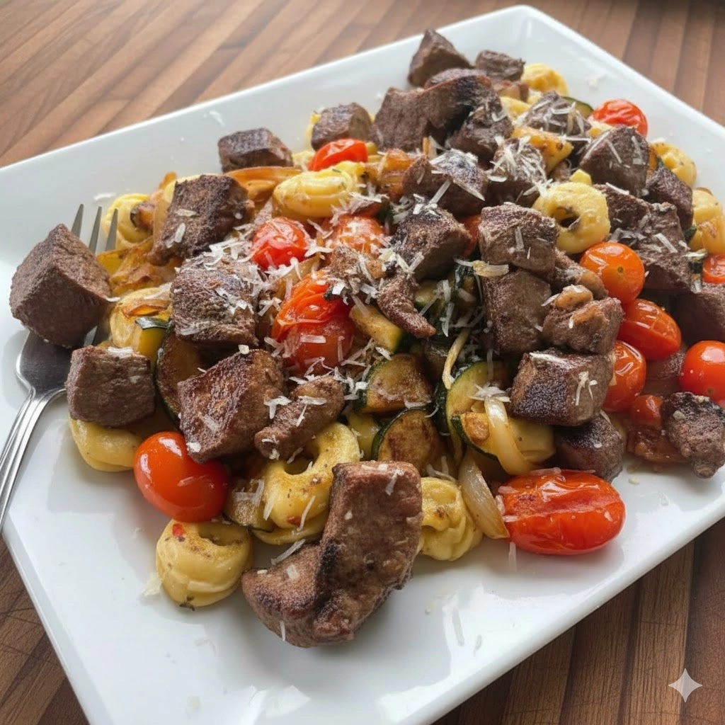 A skillet full of creamy Garlic Parmesan Steak Tortellini ready to be served.