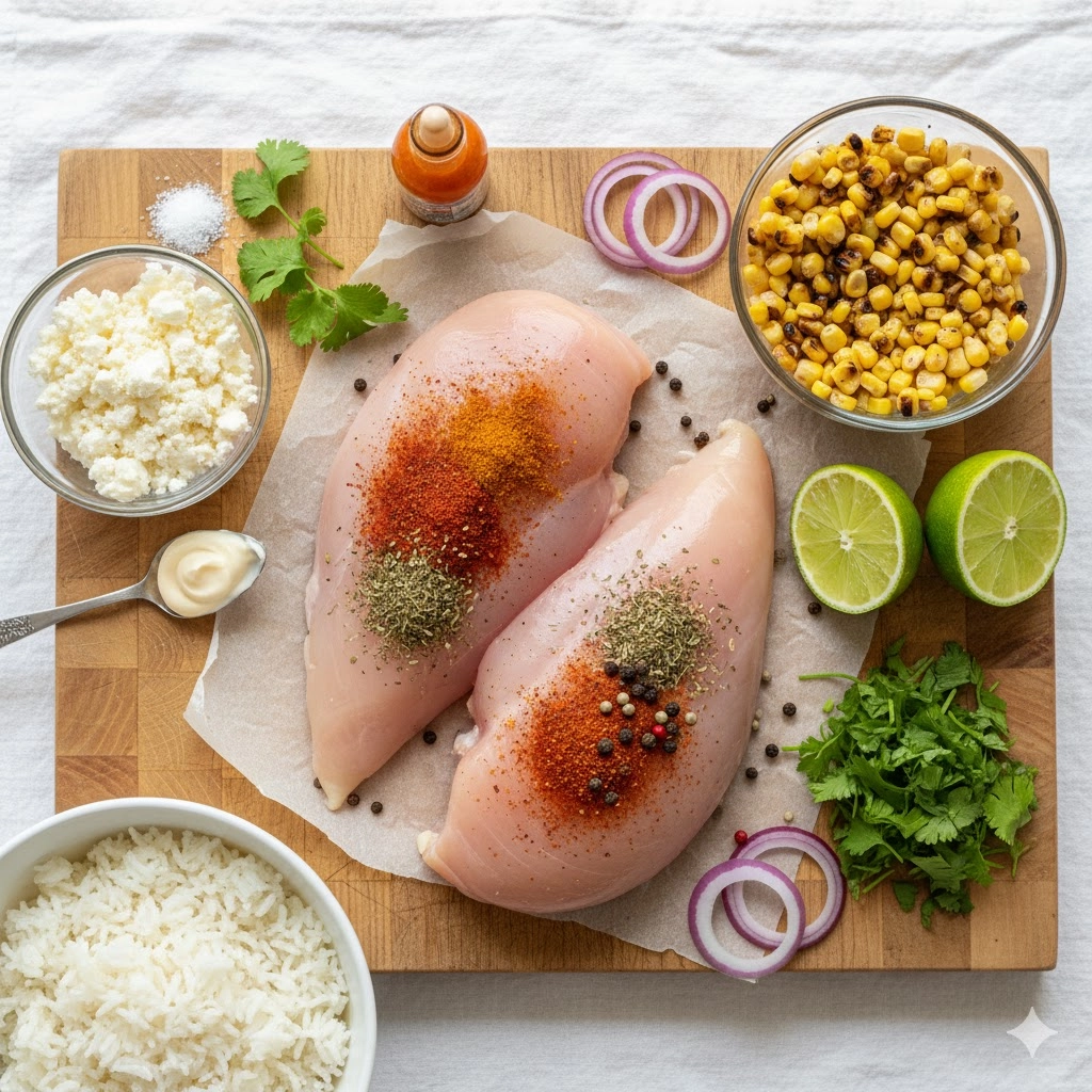 Ingredients for making Street Corn Chicken and Rice Bowls laid out