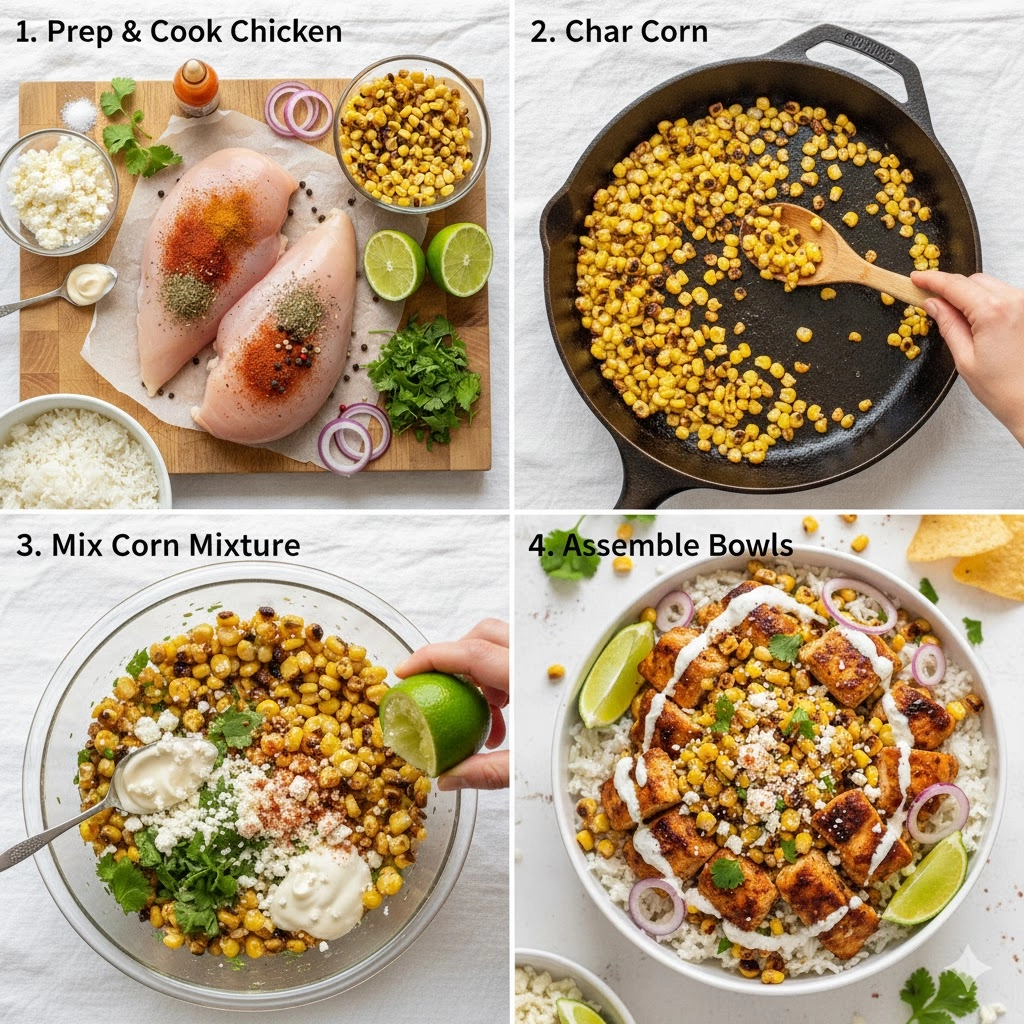 Corn kernels being charred in a hot skillet for Street Corn Chicken and Rice Bowls.