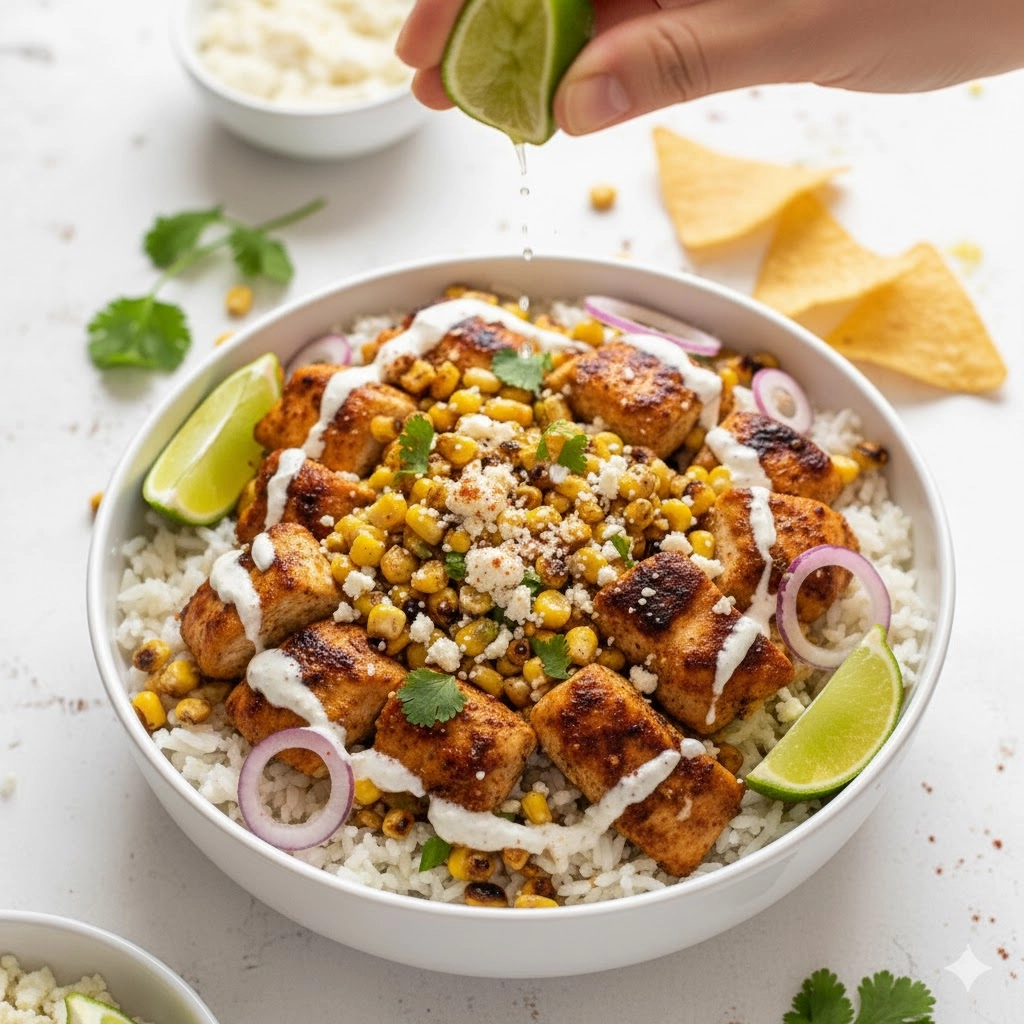 A beautifully arranged Street Corn Chicken and Rice Bowls ready to eat