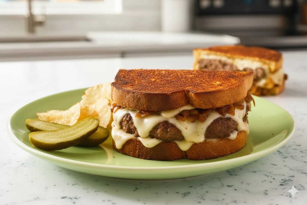 A golden-brown, cross-section shot of a homemade Classic Patty Melt with visible melted Swiss cheese and caramelized onions.