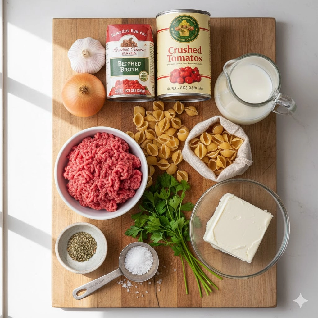 All essential ingredients laid out: ground beef, pasta shells, crushed tomatoes, cream cheese, and onion for creamy beef and shells