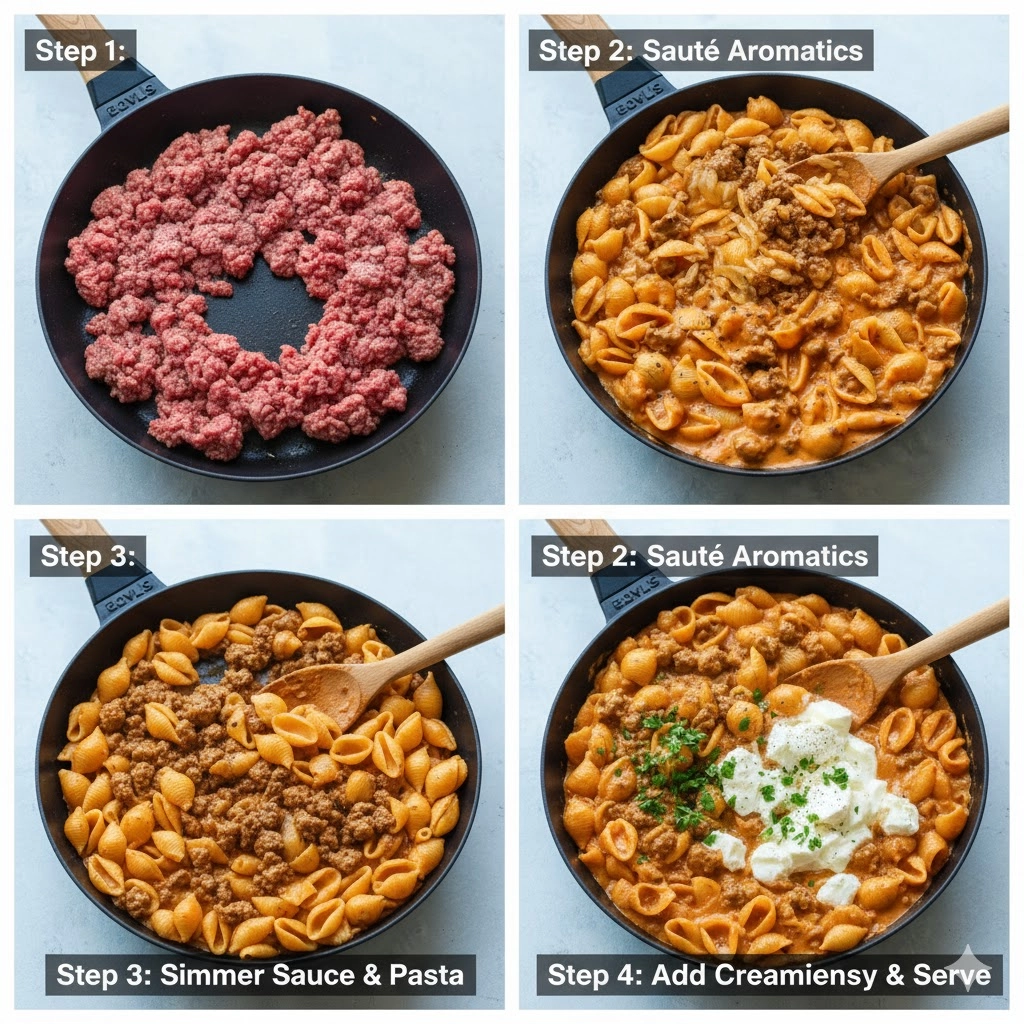 Cream cheese melting into the sauce during the final steps of making creamy beef and shells