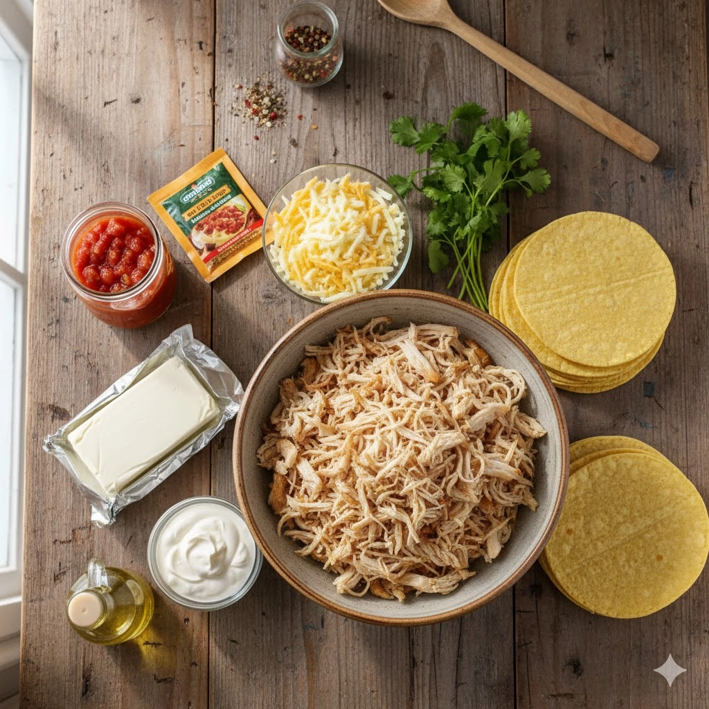 Ingredients for the creamy chicken taquitos filling, including shredded chicken, cream cheese, sour cream, and corn tortillas. Ingredients for the creamy chicken taquitos filling, including shredded chicken, cream cheese, sour cream, and corn tortillas.
