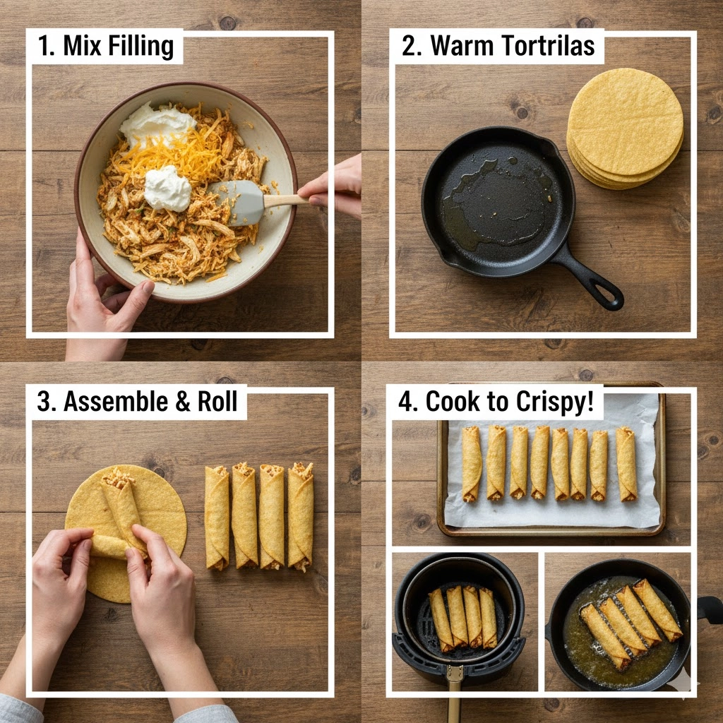 Hand rolling a corn tortilla filled with creamy chicken filling for Crispy Chicken Taquitos assembly. Hand rolling a corn tortilla filled with creamy chicken filling for Crispy Chicken Taquitos assembly.