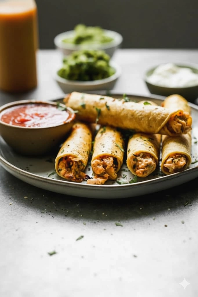 A plate piled high with golden brown, authentic Crispy Chicken Taquitos served with guacamole and salsa. A plate piled high with golden brown, authentic Crispy Chicken Taquitos served with guacamole and salsa.