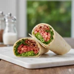 Two fresh, sliced best blt wraps recipe halves stacked on a wooden board showing the crispy bacon and lettuce filling.
