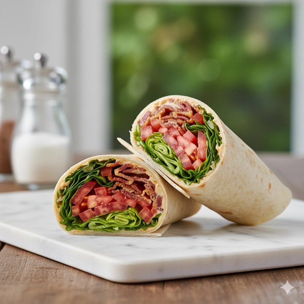 Two fresh, sliced best blt wraps recipe halves stacked on a wooden board showing the crispy bacon and lettuce filling.