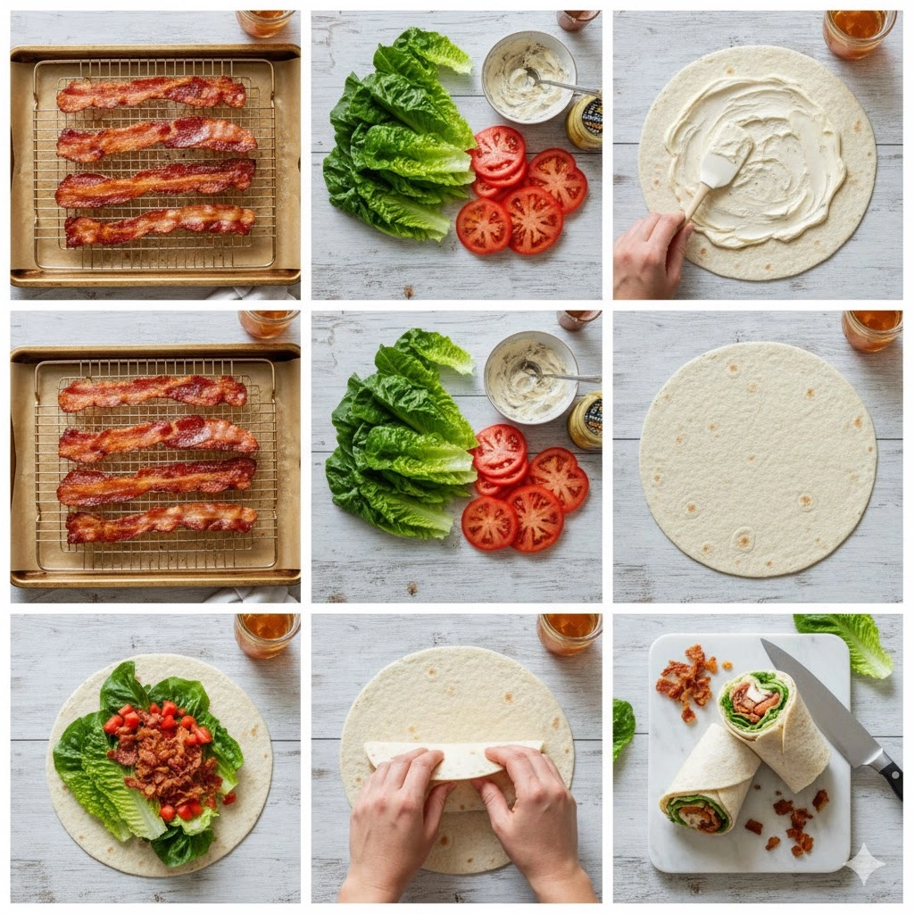 Hands rolling a flour tortilla tightly with seasoned spread, lettuce, tomato, and bacon filling for the best blt wraps recipe