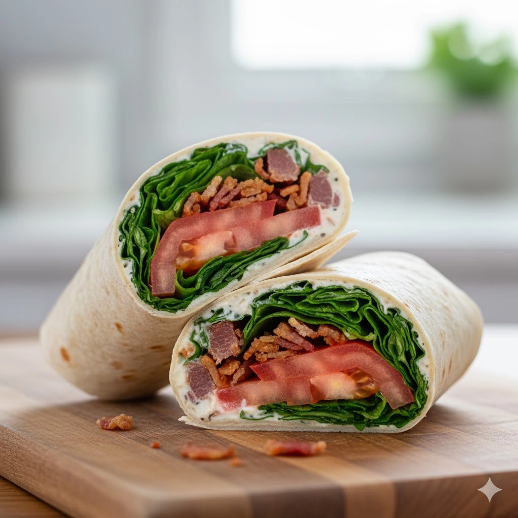 Two fresh, sliced best blt wraps recipe halves stacked on a wooden board showing the crispy bacon and lettuce filling.