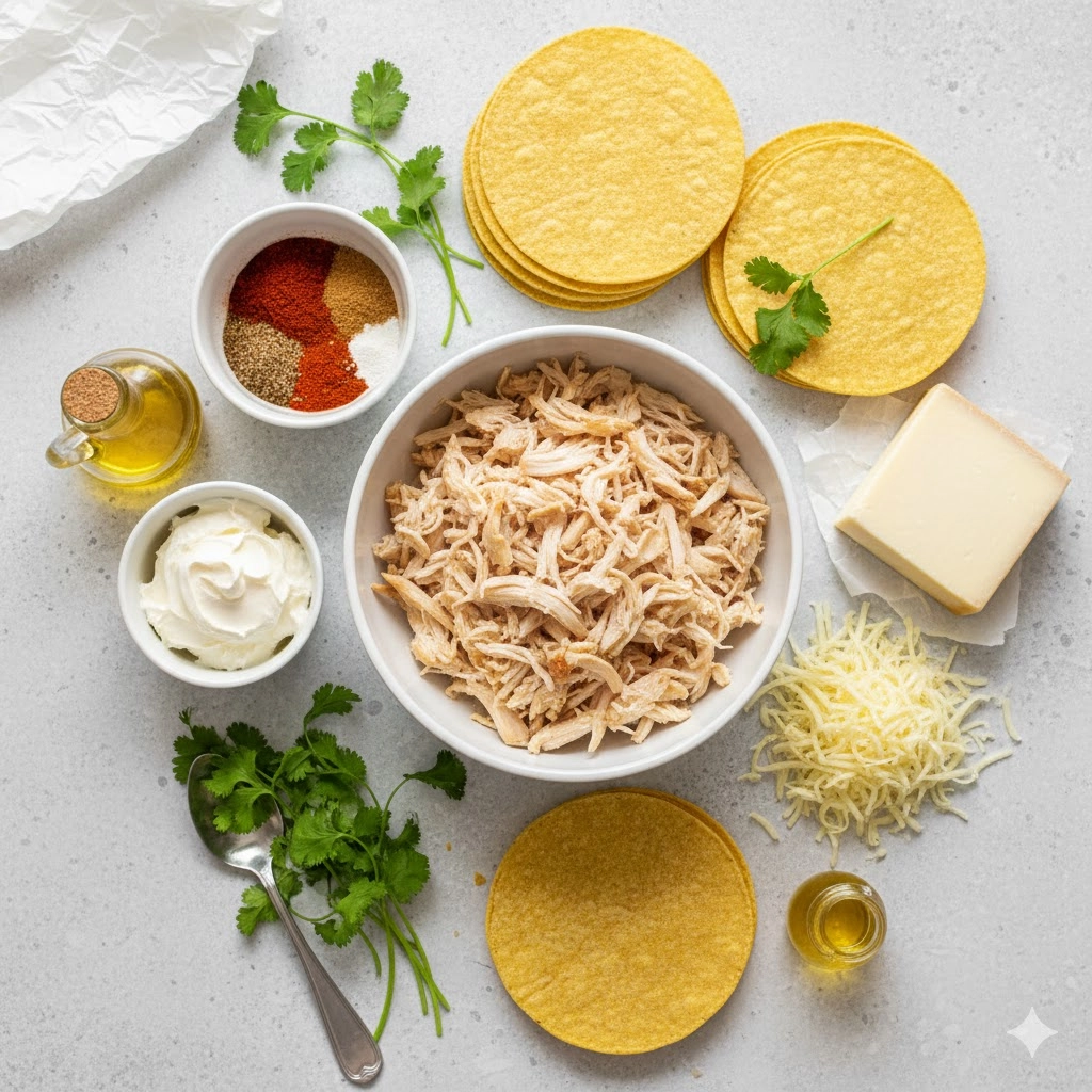 Key ingredients for Mini Baked Chicken Tacos: shredded chicken, mini corn tortillas, cream cheese, and taco seasoning. Key ingredients for Mini Baked Chicken Tacos: shredded chicken, mini corn tortillas, cream cheese, and taco seasoning.
