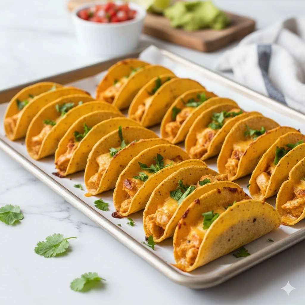 A full baking sheet of crispy Mini Baked Chicken Tacos ready to be served with fresh salsa and avocado crema
