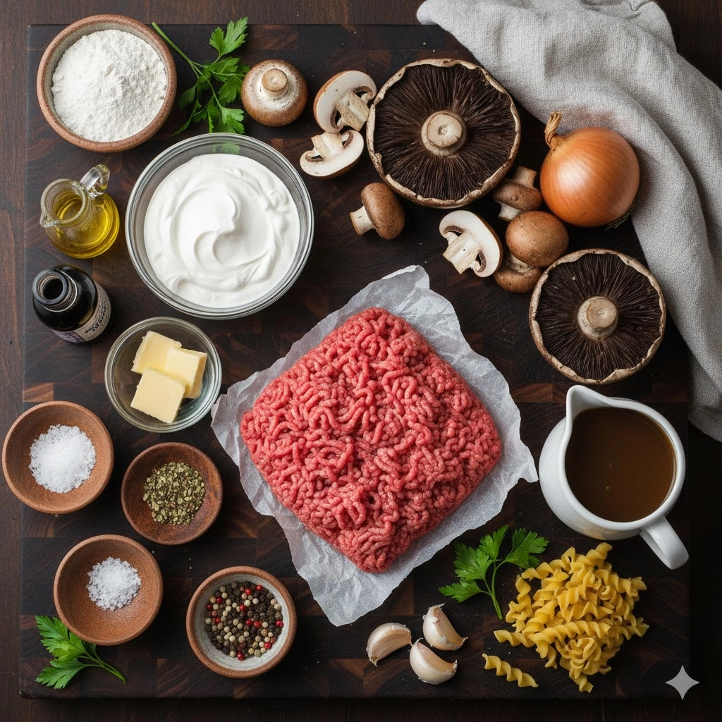 Key ingredients for Ground Beef Stroganoff including ground beef, mushrooms, onions, sour cream, and beef broth.