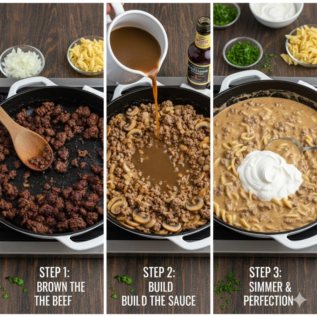 Ground beef being browned in a large skillet for the start of the Ground Beef Stroganoff recipe.