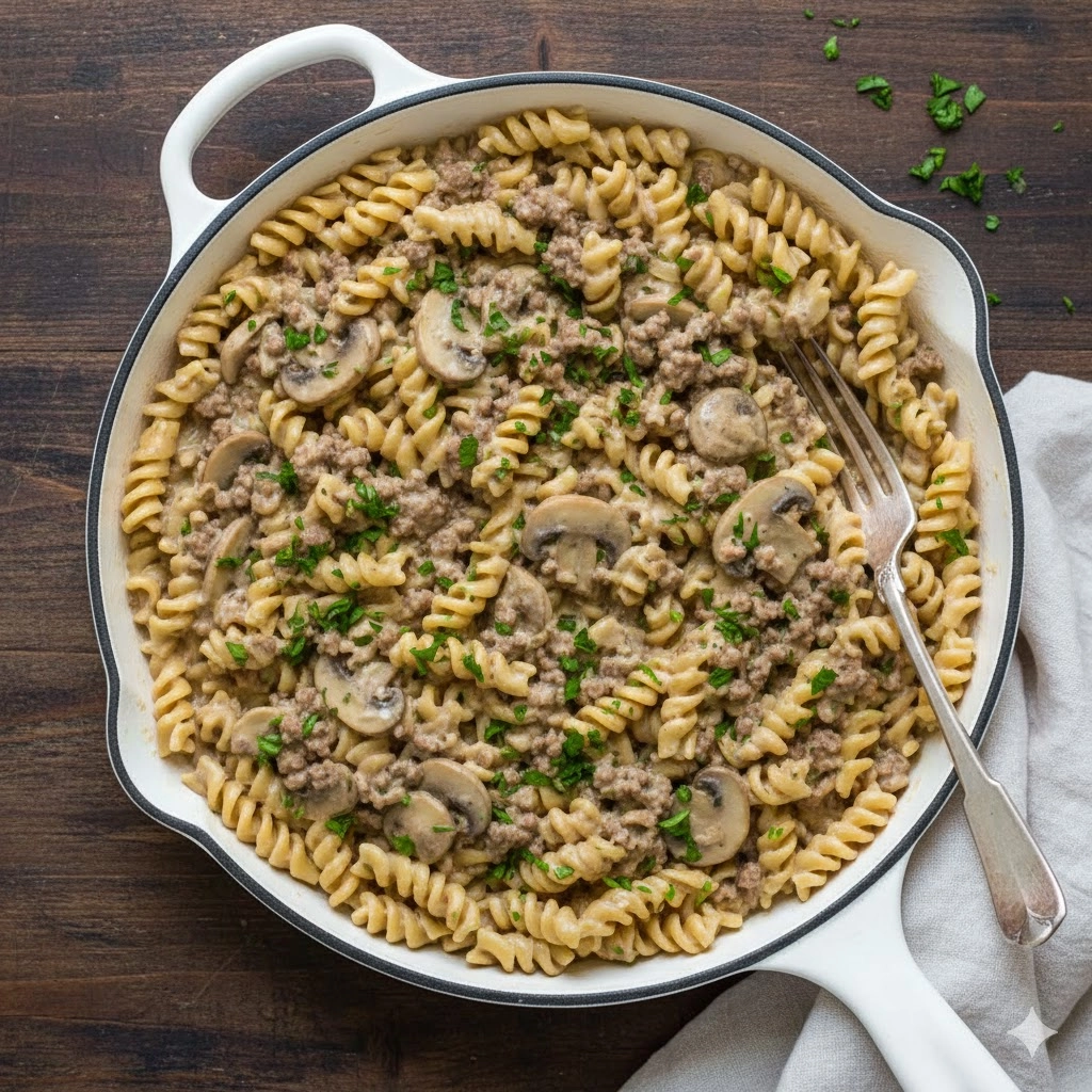 A bowl of creamy, savory Ground Beef Stroganoff served over egg noodles with fresh parsley.Title: The Best Gr