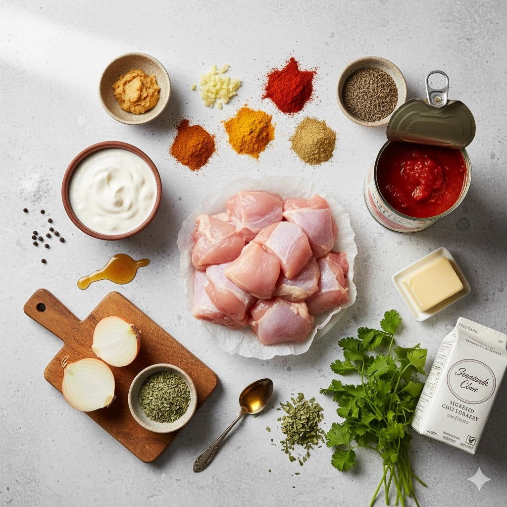 Essential ingredients like yogurt, spices, tomatoes, and chicken for Homemade Butter Chicken preparation.