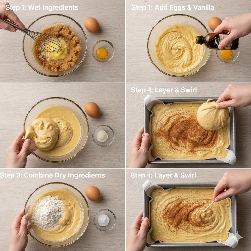 Hand swirling the cinnamon-sugar topping into the blondie batter using a small knife or toothpick.