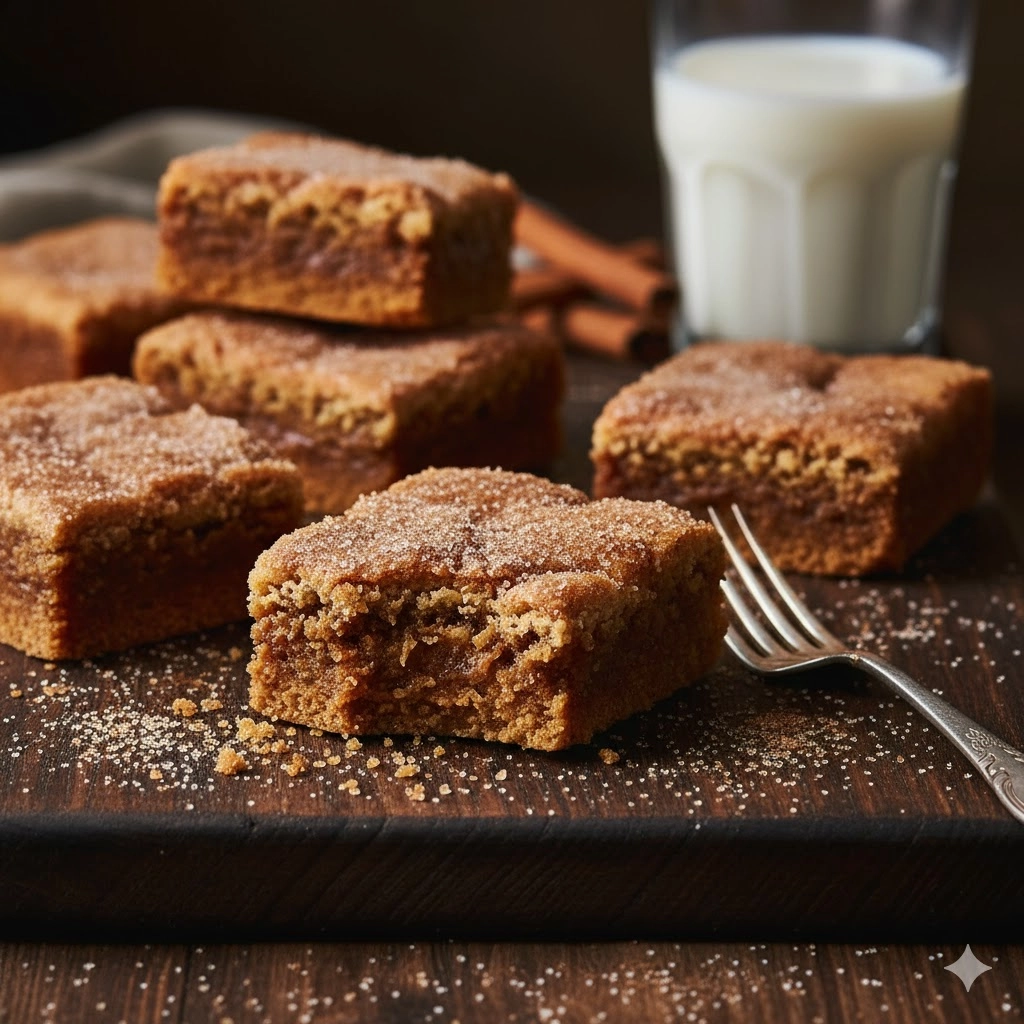 A close-up shot of baked, sliced chewy Cinnamon Sugar Blondies with a visible cinnamon swirl.