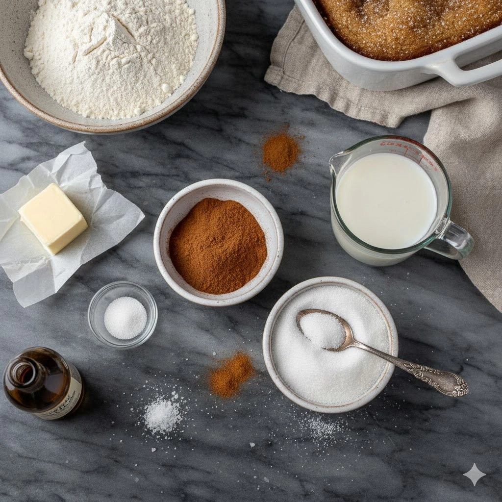 Essential ingredients for Snickerdoodle Cobbler including flour, butter, sugar, cinnamon, and cream of tartar.