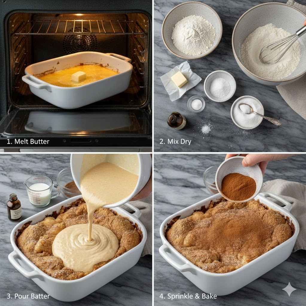 Step-by-step image of Snickerdoodle Cobbler batter being poured over hot, melted butter in a baking dish